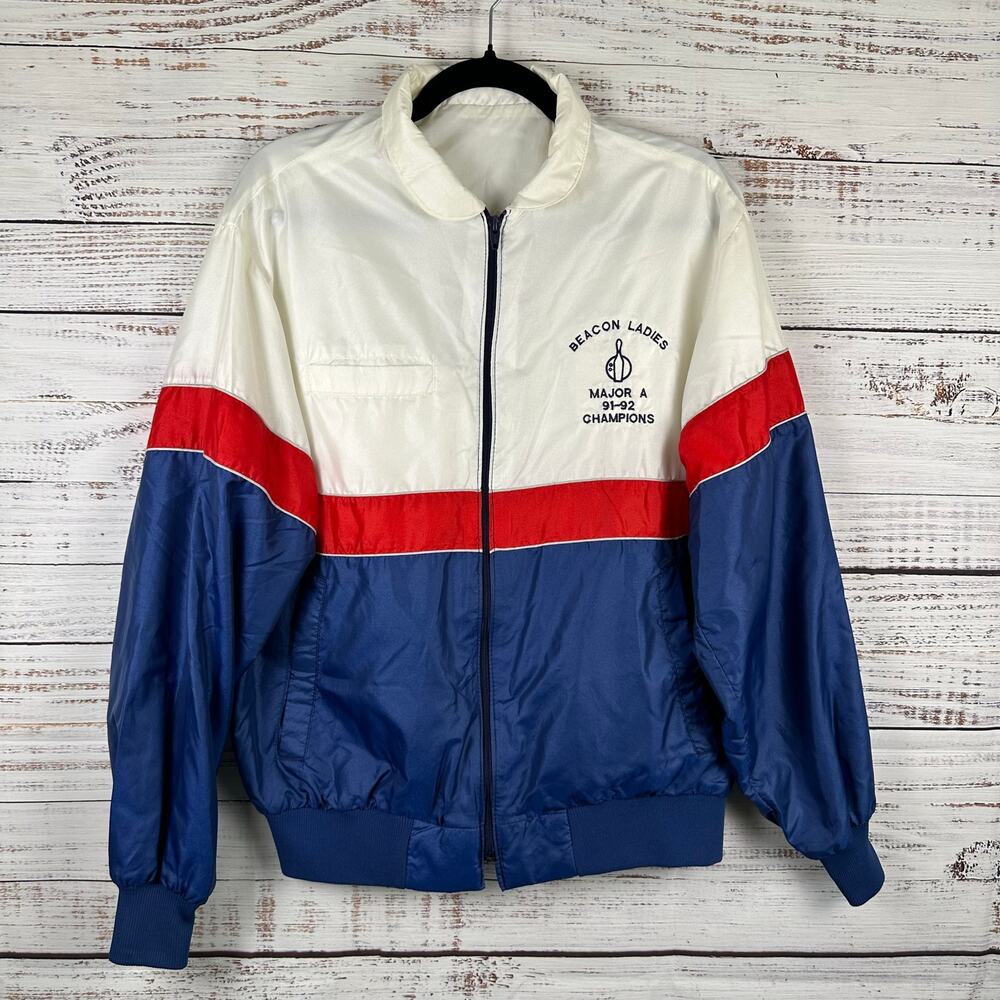 VTG 90's Beacon Ladies Bowling League Nylon Jacket Red White Blue USA Womens L